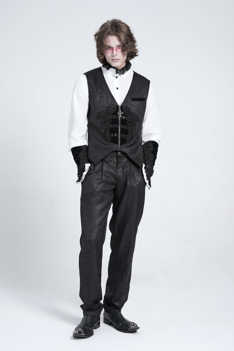 Black Sleeveless Floral Embroidery Stitching Velvet Men's Gothic Vest
