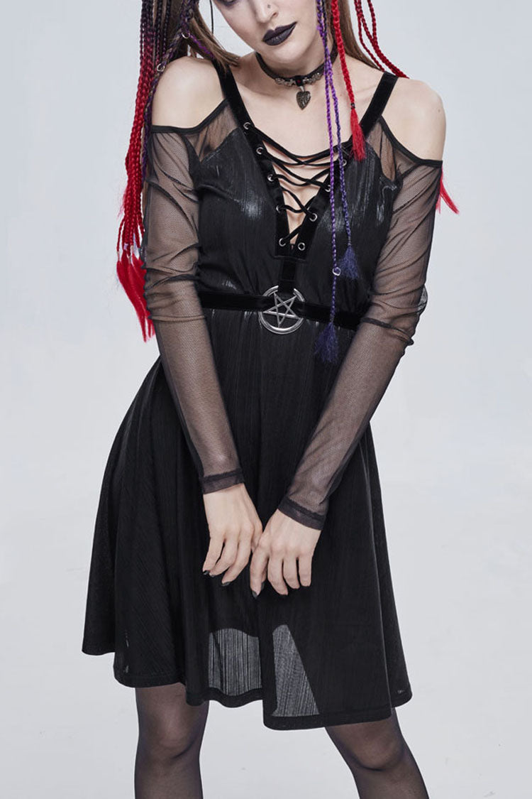 Black Stretch Knit Patchwork Fine Mesh V Neck Cross Tie Metal Pentagram Buckle Strap Women's Punk Dress