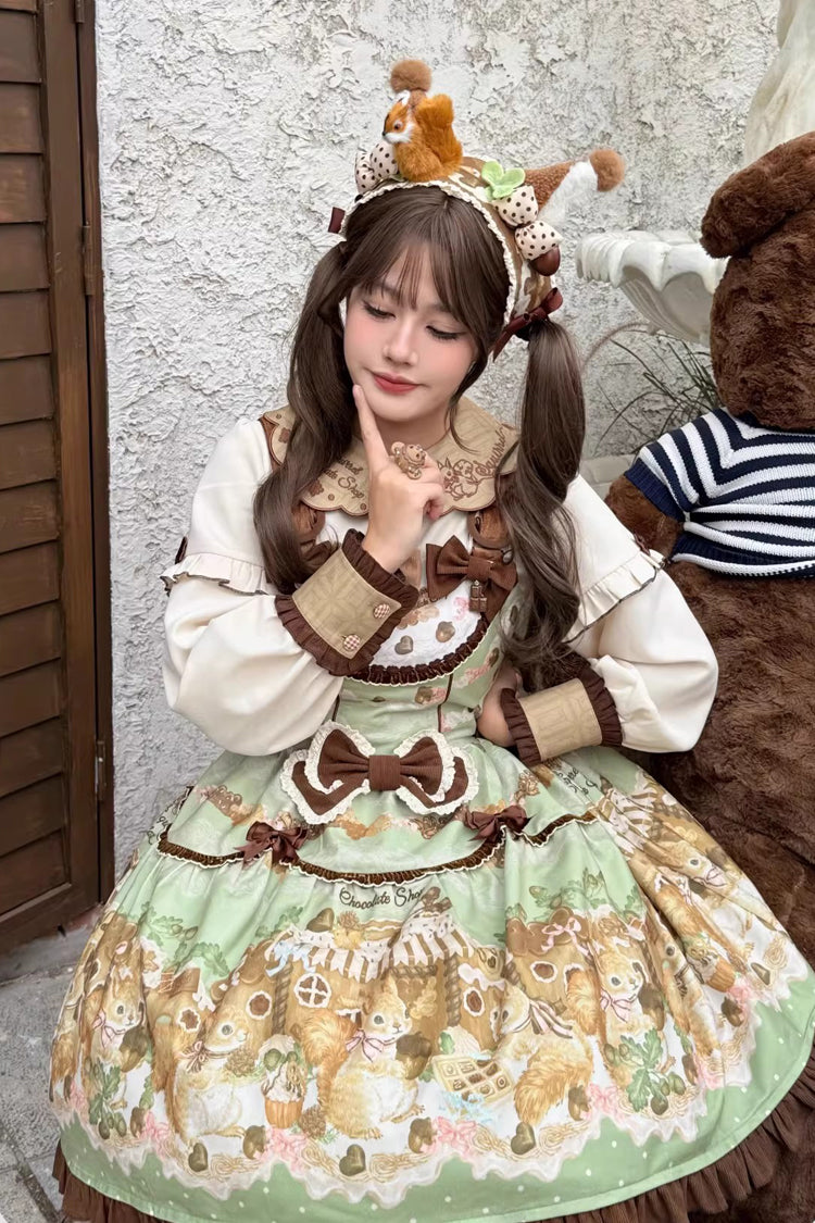 Green [Squirrel Chocolate Shop] Sleeveless Printed Ruffled Bow Sweet Lolita JSK Dress with Blouse