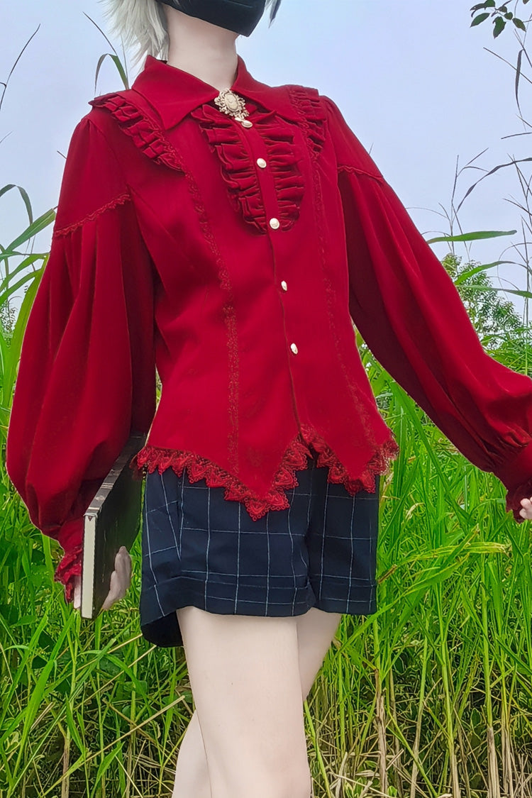 [Späte Nacht] Reverskragen Langarm Rüschen Spitze Schlanke Süße Lolita Bluse 6 Farben 