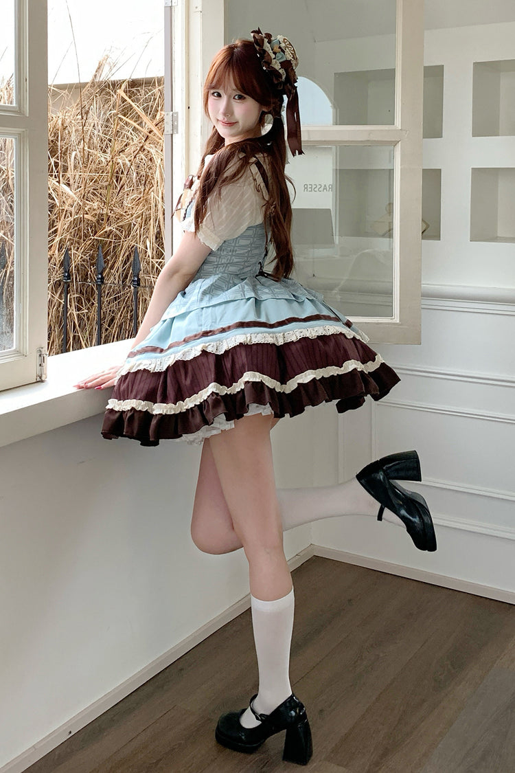 Green/Brown [Mint Chocolate] Sleeveless Triple-Layered Ruffle Bowknot Sweet Lolita Jsk Dress