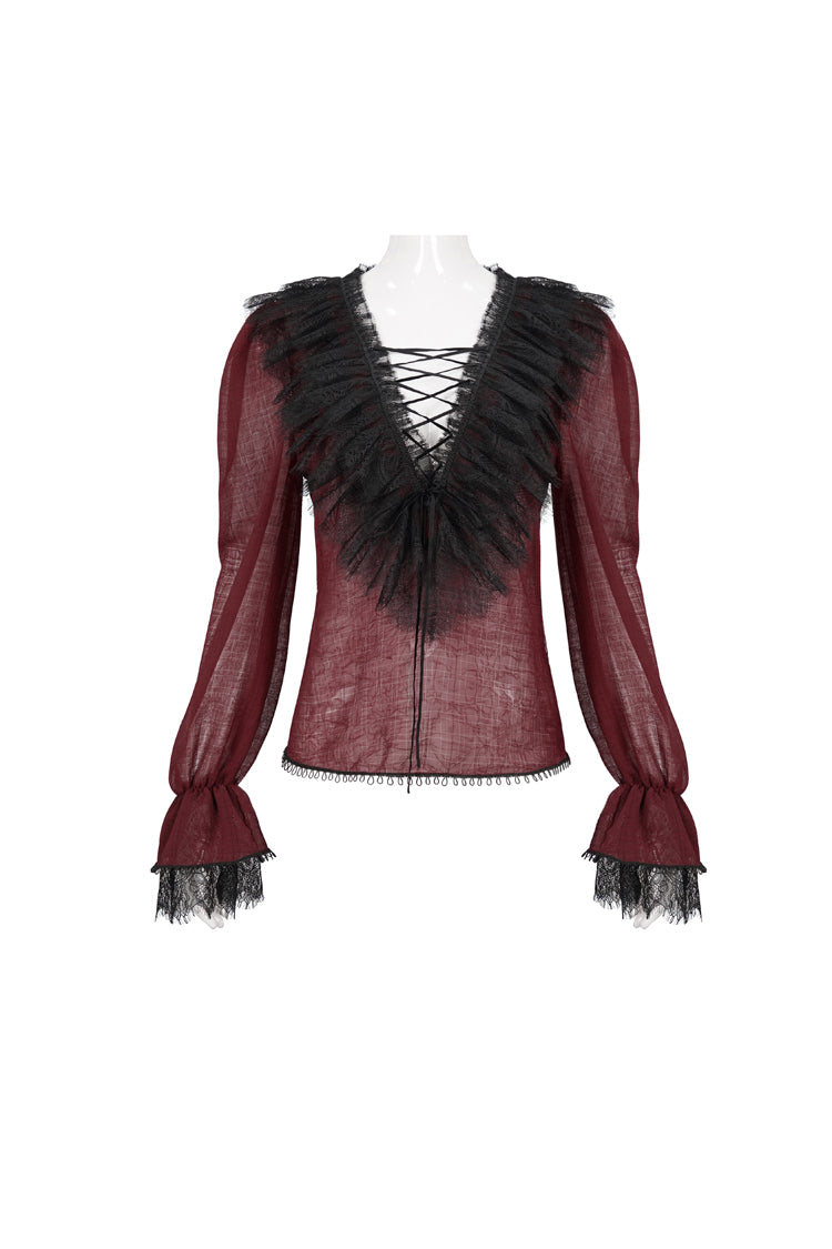 Red Thin Waist Plaid Stitching Layered Lace Long Sleeves Women's Gothic Shirt