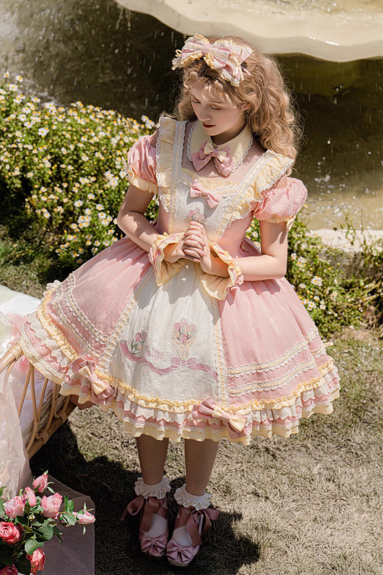 Pink Short Sleeves Tulip Print Ruffle Bowknot Sweet Lolita Dress