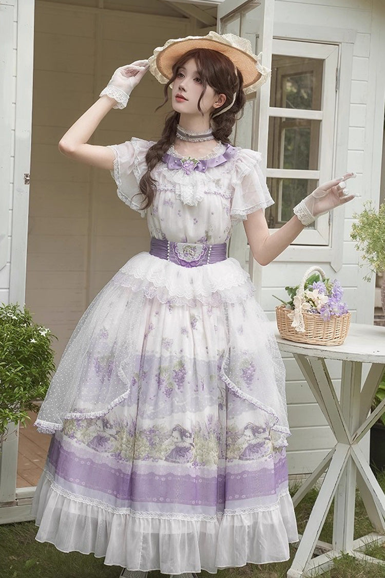 White/Purple [Rabbit Vine Story] Grape Print Short Sleeves Bowknot Lace Elegant Sweet Lolita Skirt Set