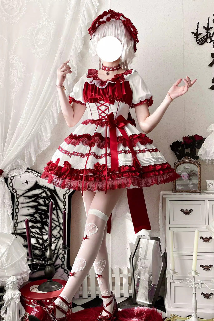 Blanc/Rouge [Velours Rouge Superposé] Manches Courtes Volants Nœud Papillon Dentelle Robe Sweet Lolita 