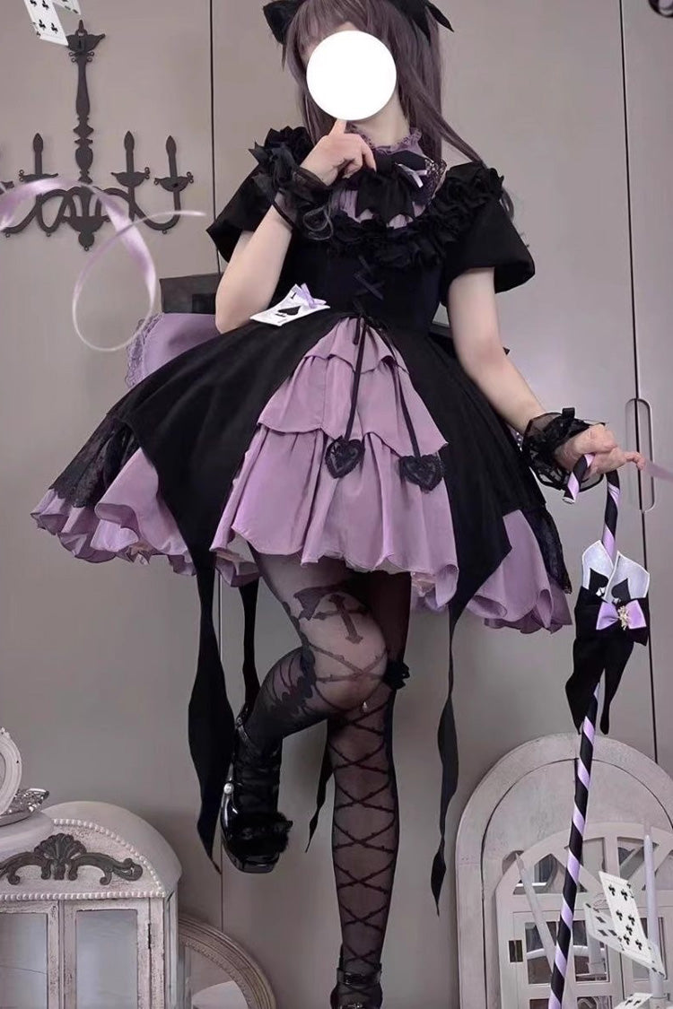 Black/Purple [Phantom Thief Ace of Spades] Short Sleeves Ruffle Bowknot Gothic Lolita Dress Set