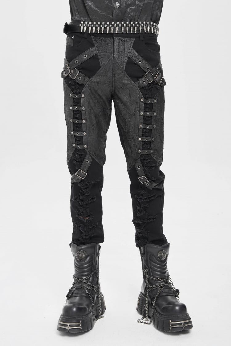 Black Ripped Buckle Straps Men's Punk Pants