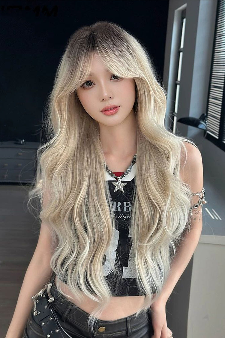 Black/Gold Ombre Sweet Lolita Natural Fluffy Long Big Wavy Wig with Curtain Bangs