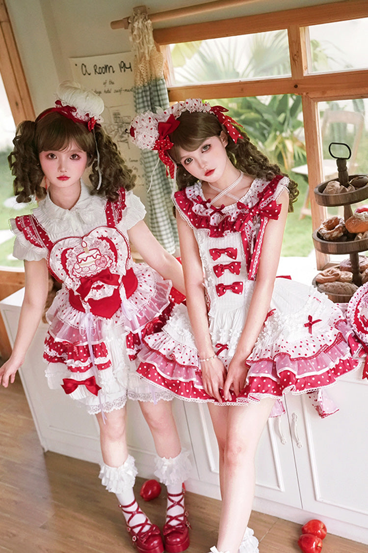 Red/White [Twin Bears] Sleeveless Triple-Layered Print Ruffle Bowknot Lace Sweet Lolita Jsk Dress