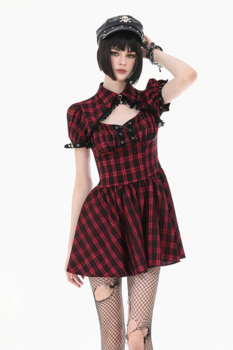 Schwarz/rot kariertes Damen-Punk-Retro-Minikleid mit Umlegekragen, Ausschnitt, kurzen Ärmeln und Schnürung