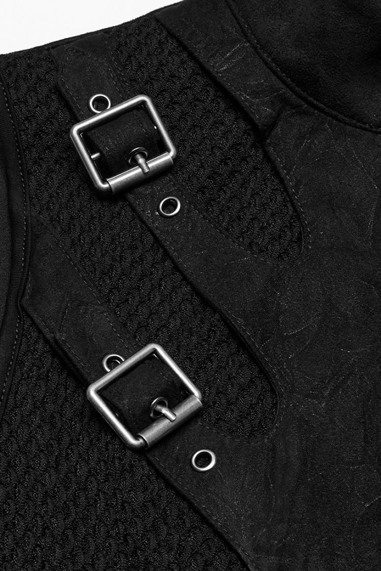 Black Stand Collar Stitching Mesh Buckle Women's Punk Vest