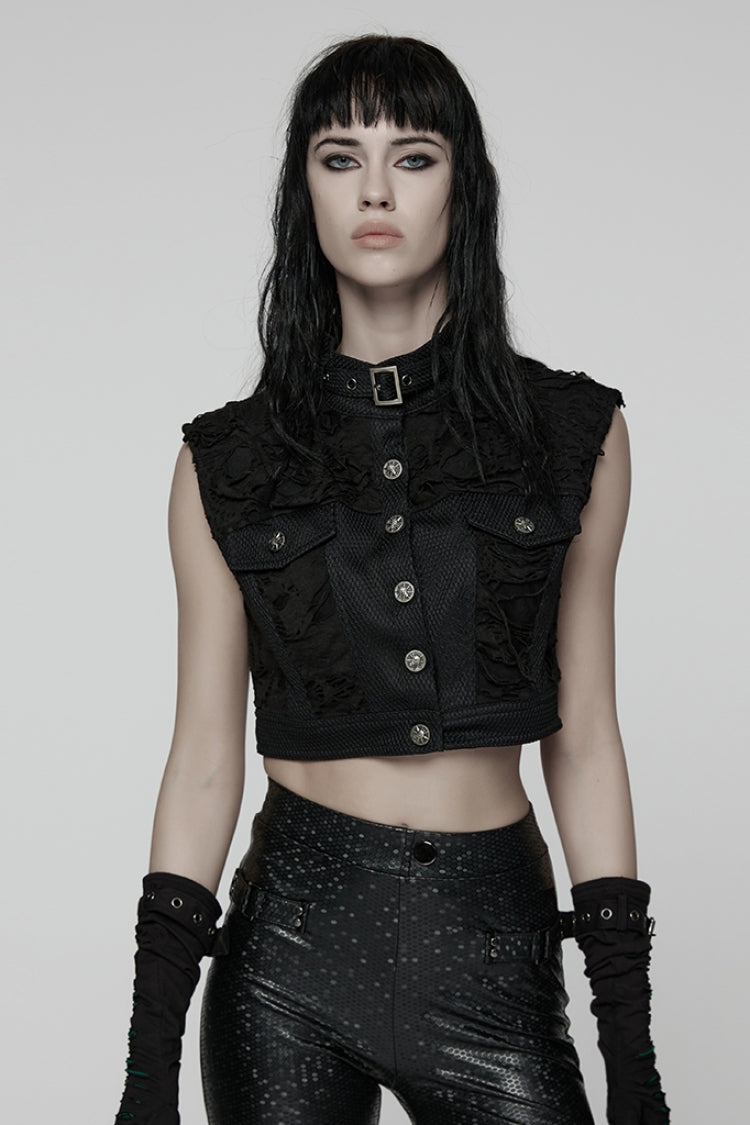 Schwarze ärmellose Weste mit Stehkragen, Rissen und Schnallen für Frauen im Punk-Stil 