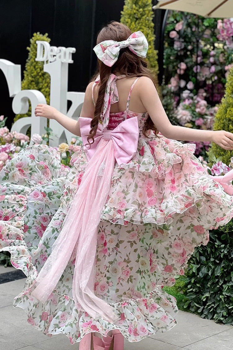 Pink Multi-Color Rose Print Sleeveless Sweet Lolita Strapless Dress