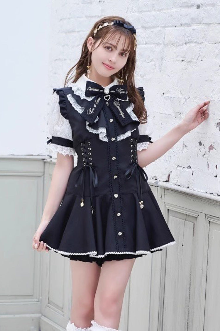 Black Japanese Diamond Buckle Heart Bow Lace Sweet Jirai Kei Dress Fake Two-piece Set