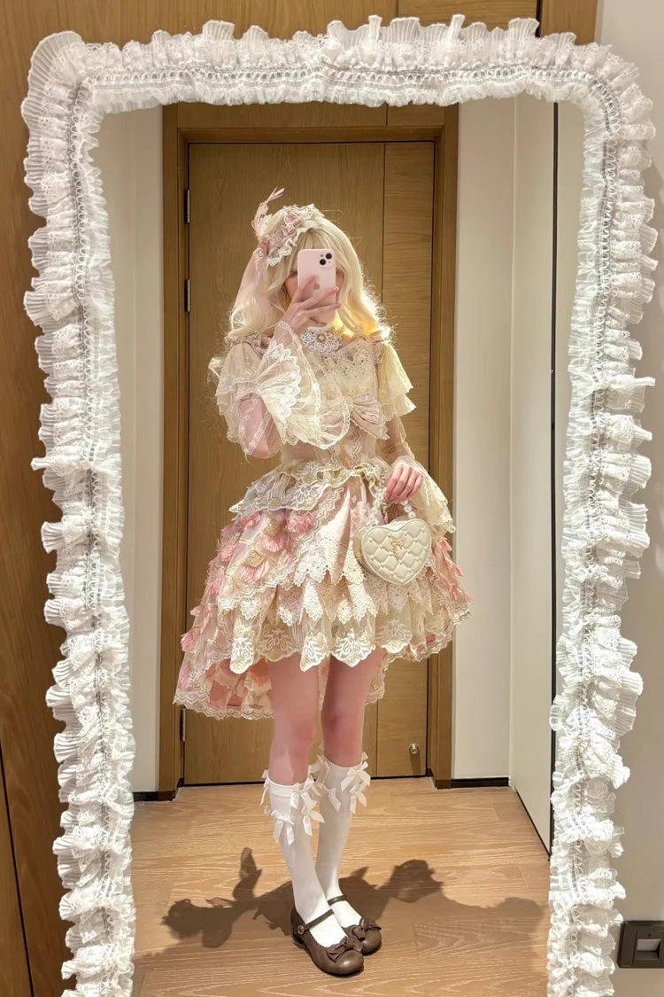 Pink [Peacock Feather] Multi-Layered Ruffle Hanayome Cardigan Bowknot Lace Sweet Lolita Jsk Dress Set