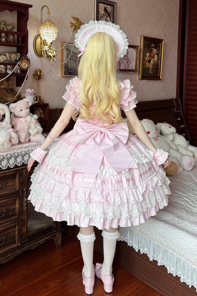 Robe Lolita Jsk élégante et douce en dentelle avec nœud papillon à volants à trois couches sans manches [Super Cute Belia] rose 