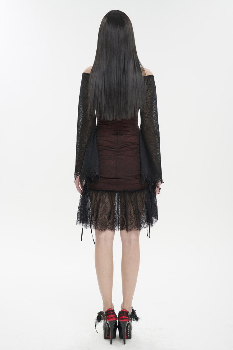 Red Elastic Texture One-Shoulder Hem Splicing Lace Bell Sleeve Women's Gothic Dress
