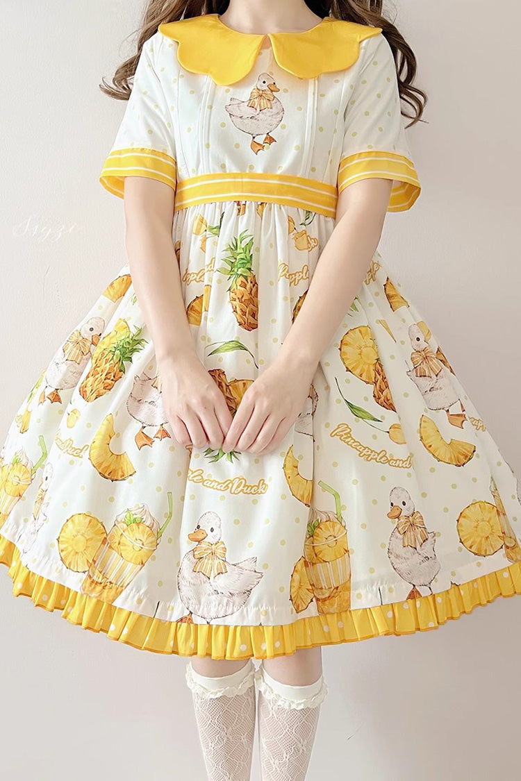 White/Yellow Short Sleeves Duck Print Bowknot Sweet Lolita OP Dress