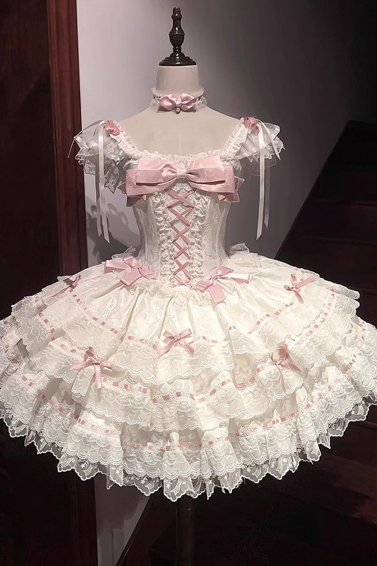 Abricot [Papillon de l'île Flora] Robe Lolita Jsk élégante et douce sans manches avec volants, nœud et laçage en dentelle 