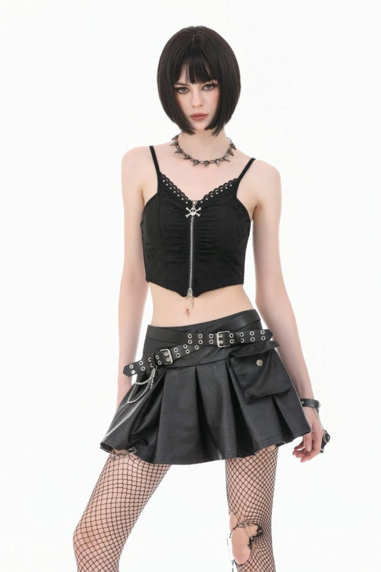 Black Cross Belt Chain-Decorated Lace-Up Women's Punk Pleated Skirt
