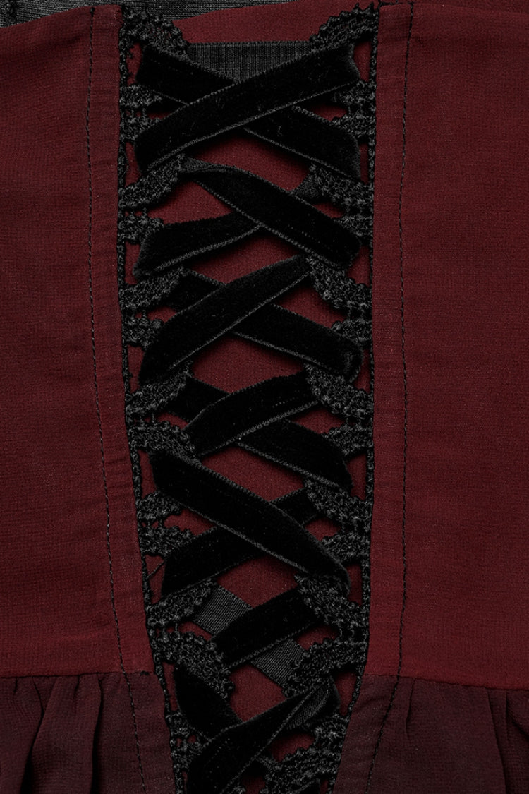 Black/Red Floral Embroidery Lace-Up Women's Gothic Slip Dress