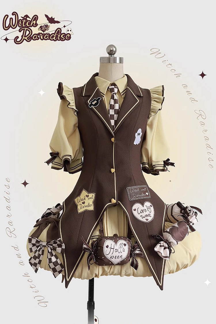 Brown/Yellow [Witch and Paradise] Short Sleeves Ruffle Bowknot Sweet Japanese Halloween Lolita Dress Vest Set