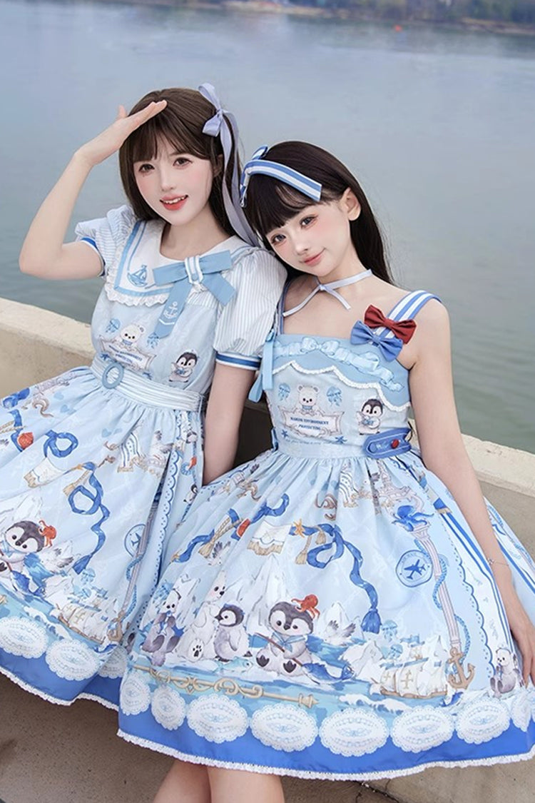 Blue [Penguin Navy] Short Sleeves Print Ruffle Bowknot Sweet Princess Lolita Dress
