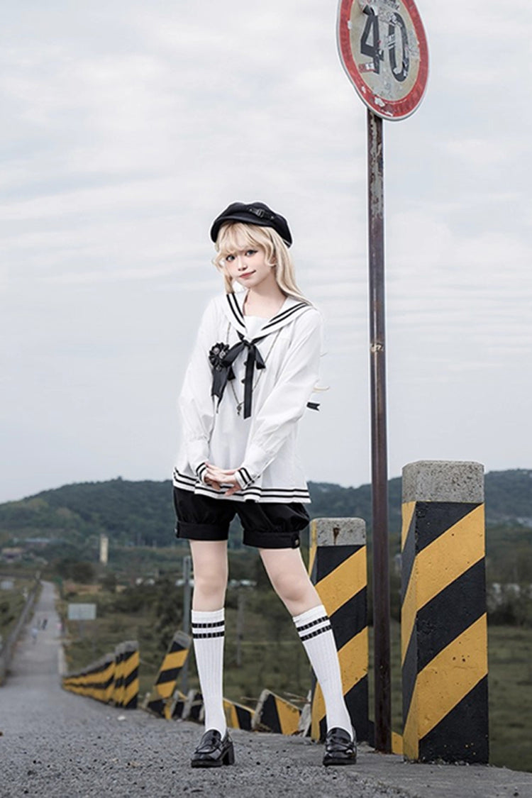 Black/White [Old Stories] Navy Collar Long Sleeves Bowknot Ouji Gothic Lolita Blouse Shorts Set