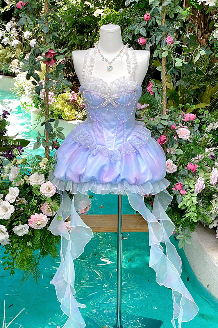 Blue [Starlight Jellyfish Princess] Halterneck Sleeveless Ruffle Lace Sweet Lolita Jsk Dress