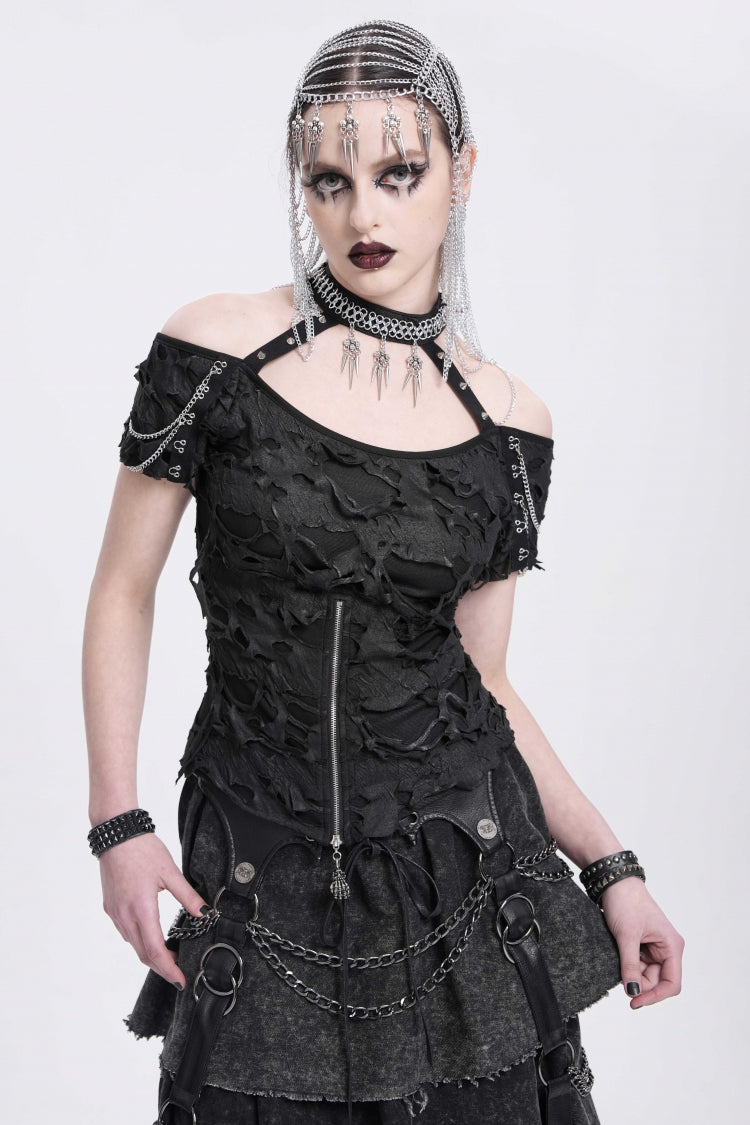 Black Off Shoulder Halterneck Ripped Women's Punk Blouse