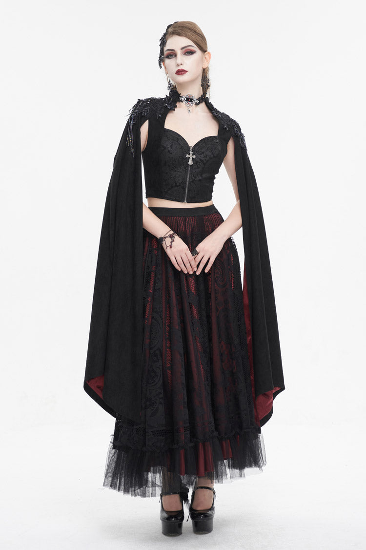 Black Stand Collar Floral Embroidered Women's Gothic Shirt Cloak