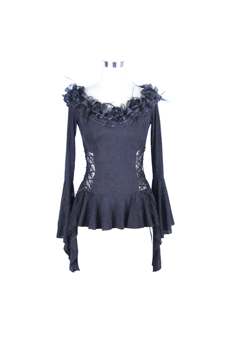 Black Knit One-Word Shoulder Rose Decoration Collar Waist Side Splice Lace Up Flare Sleeve Women's Gothic Shirt