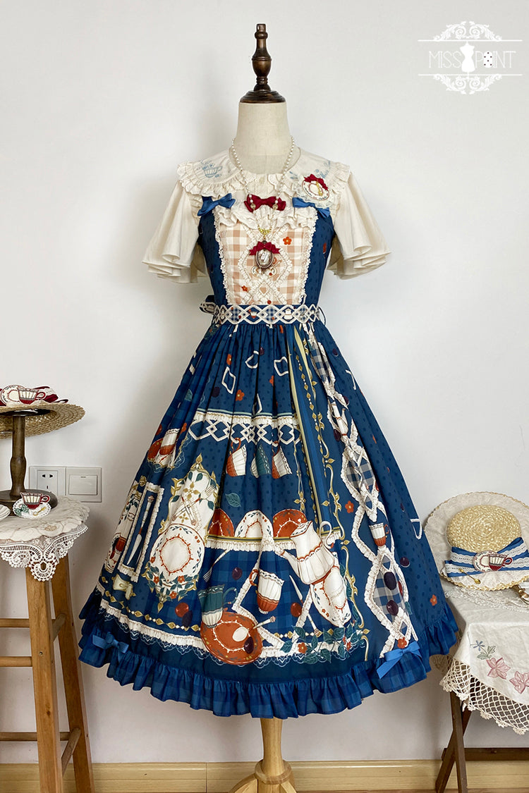 Dark Blue [Tea Party] Print Ruffle Bowknot Lace Sweet Elegant Lolita Jsk Dress