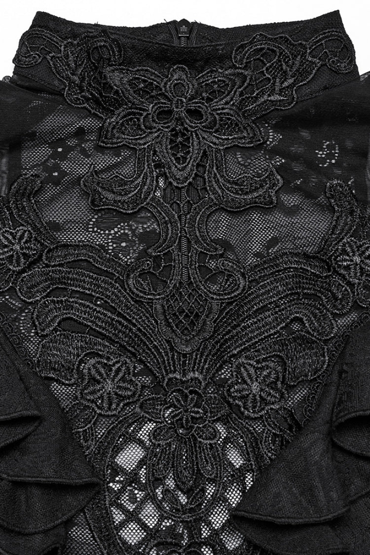 Black Stand Collar Short Sleeves Ruffle Hollow Embroidery Lace Sheer Women's Gothic Blouse