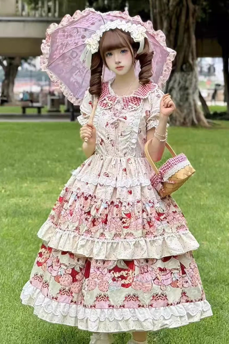 Ivory [Bear Strawberry Ode] Print Short Sleeves Double-Layered Ruffle Bowknot Sweet Princess Lolita Jsk Dress