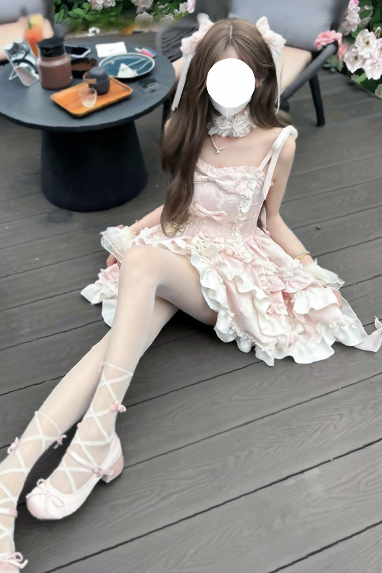 Pink [Heart of Butterfly] Halterneck Sleeveless Multi-Layered Ruffle Embroidery Princess Ballet Lolita Jsk Dress Set