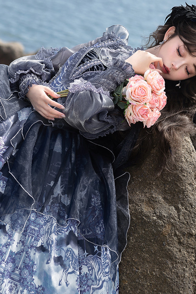 Blue [Angel Garden] Print Ruffle Bowknot Asymmetric Classic Elegant Lolita Jsk Dress