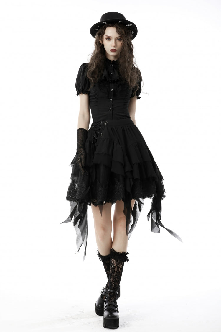 Black Multi-Layered Irrgular Hem Women's Punk Tasseled Skirt