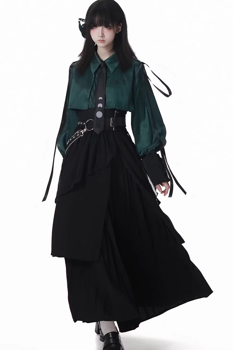 グリーン/ブラック 【月光流】長袖 半袖 フリル アシンメトリー ゴシック ジライ系 ドレス or スカート セット