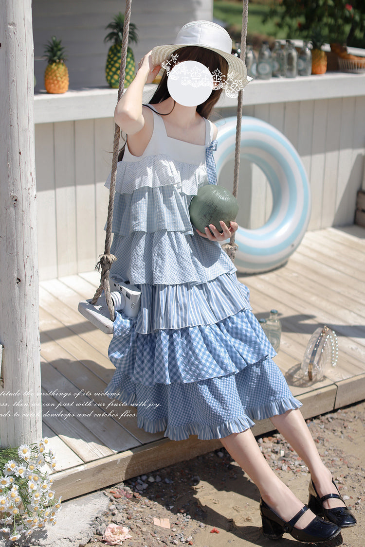 Blue [Go To The Beach] Multi-Layered Print Ruffle Holiday Sweet Lolita Jsk Dress
