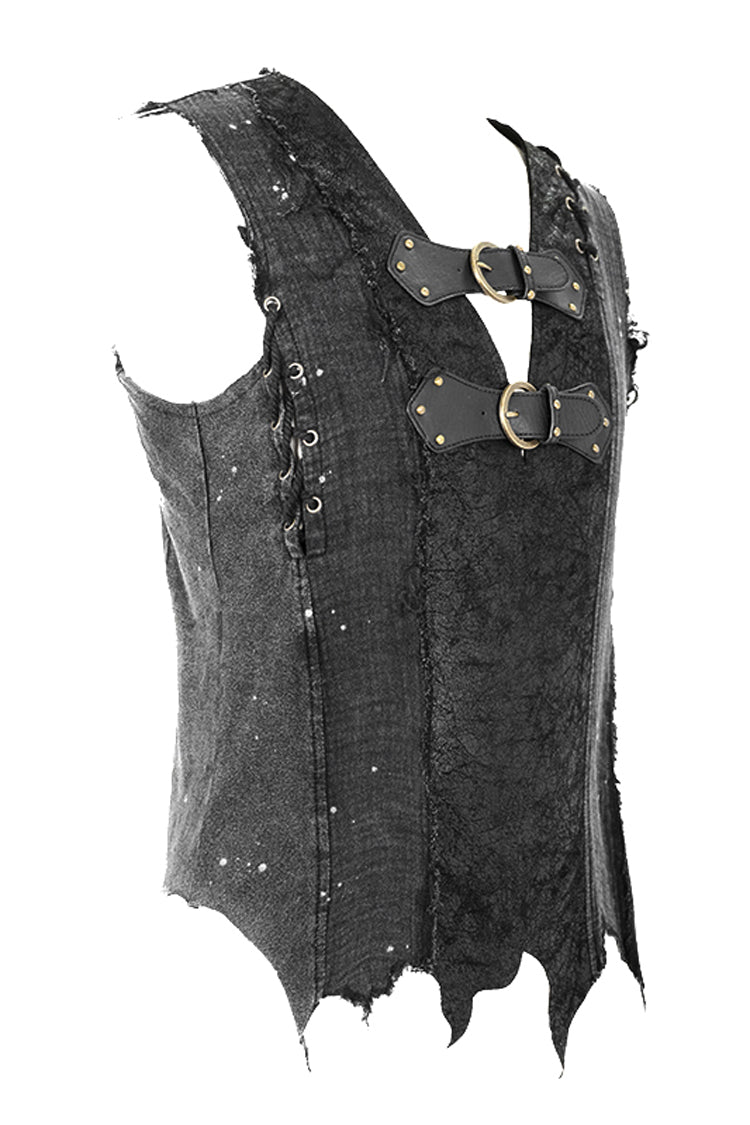 Black V-Neck Sleeveless Ripped Buckle Straps Men's Gothic Vest