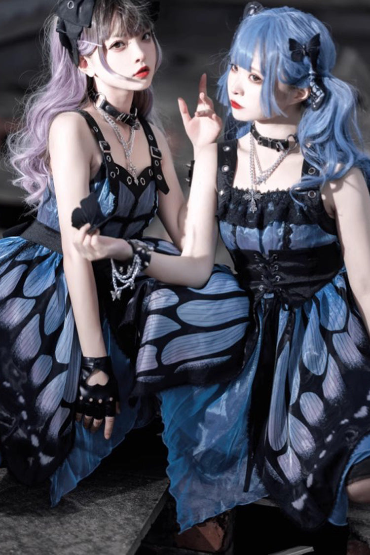 Black/Blue Butterfly Effect Sleeveless Print Girdle Version Gothic Punk Lolita Dress