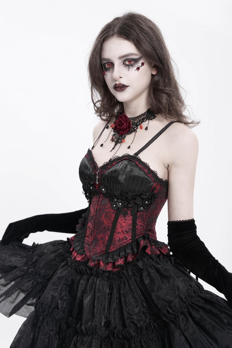 Rotes ärmelloses Rüschenstickerei-Schnürung Damen Gothic Tank Top 