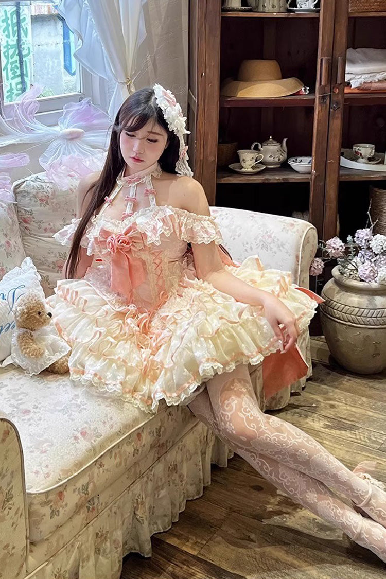 Pink [Flower Language of Eros] Halterneck Multi-Layered Ruffle Bowknot Rose Lace Lace-Up Sweet Ballet Lolita Jsk Dress
