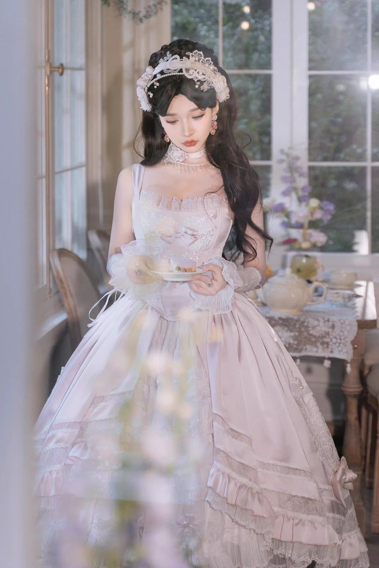 ピンク【薔薇の約束】多層フリル花嫁前開きリボンスイートゴージャスロリータJSKドレスセット