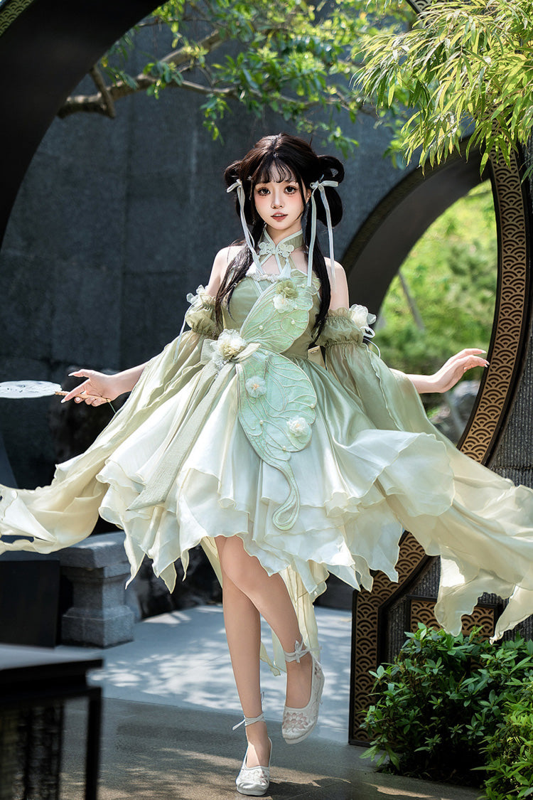 Grünes Neckholder ärmelloses Schleifenknoten Spitzen unregelmäßiges süßes chinesisches Lolita Jsk Kleid 