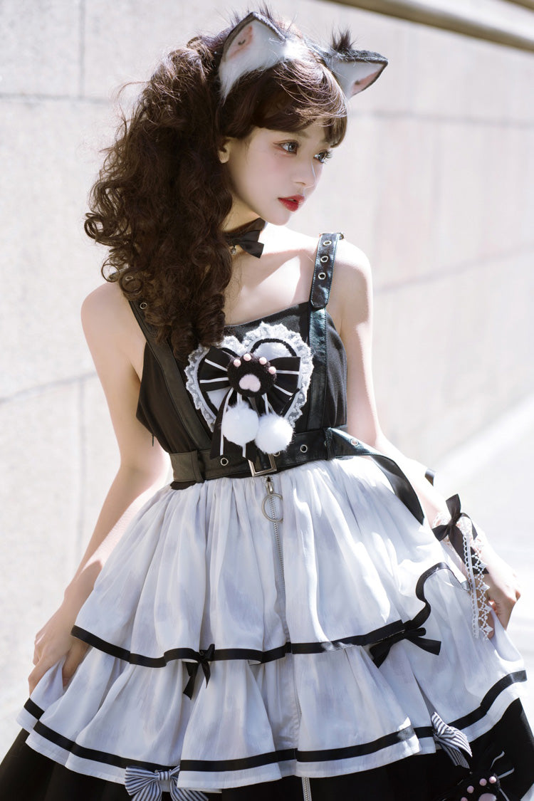 Black/White [Cat Fist] Triple-Layered Ruffle Bowknot Sweet Lolita Jsk Dress