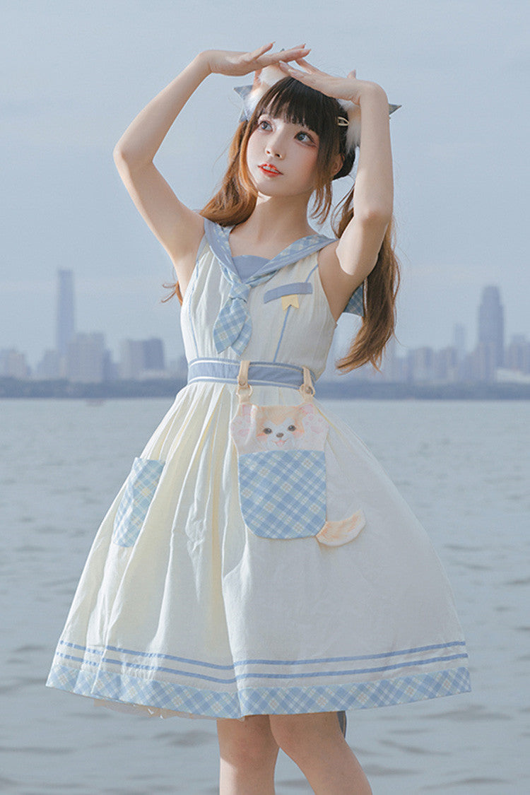 White/Blue Navy Style Cute Animals Print Sweet Princess Lolita Jsk Dress