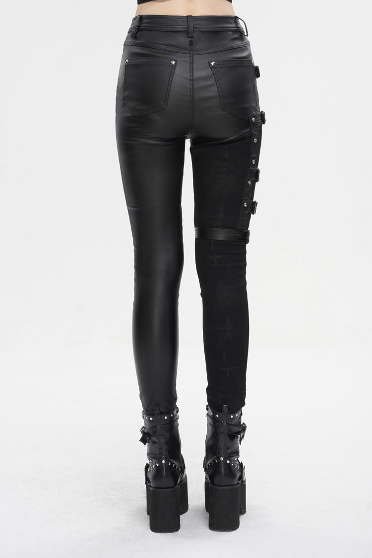 Black Tight Leather Multi Buckle Splice Women's Punk Pants