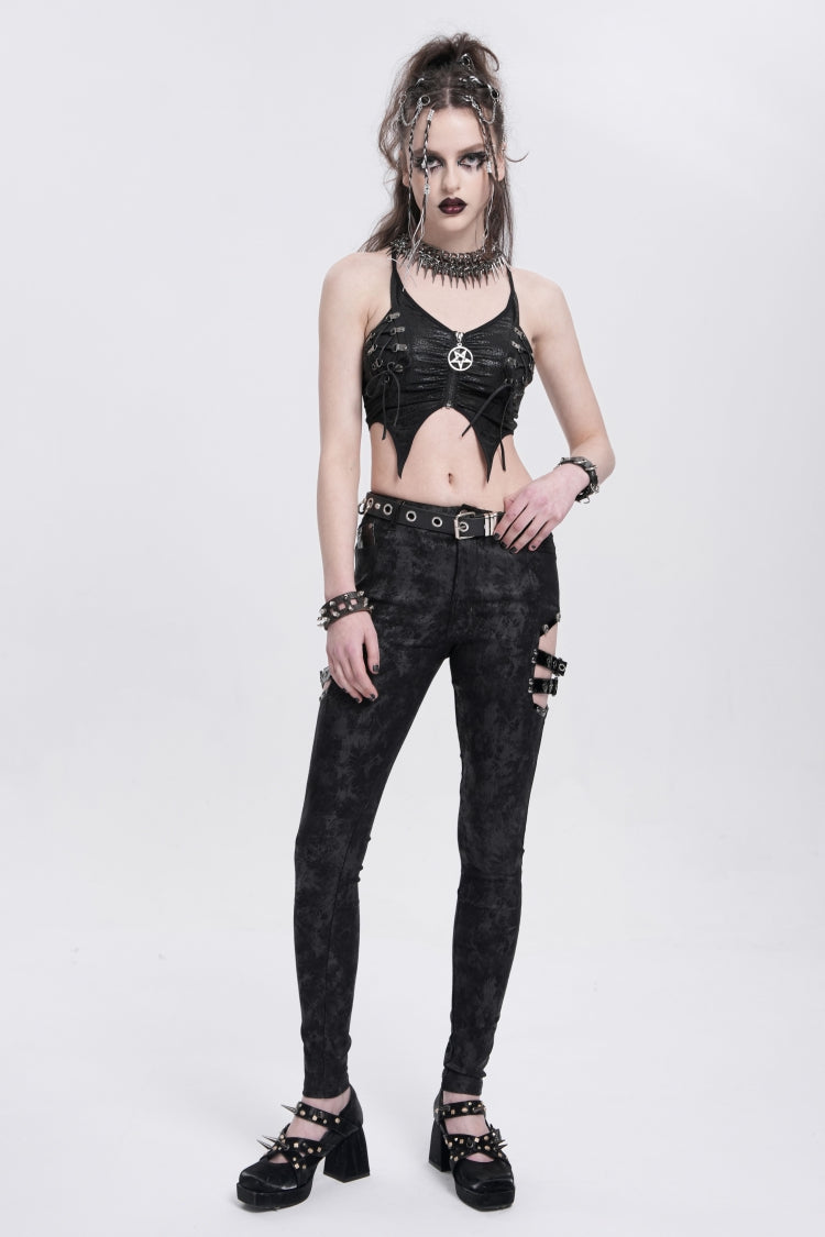 Black Print Cutout Buckle Women's Gothic Pants